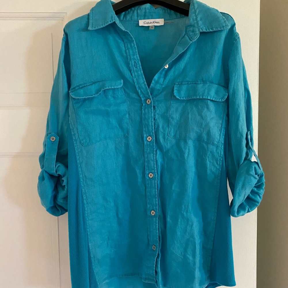 Calvin Klein Teal Linen Tunic Button Up Shirt XS